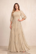Champagne Chiffon A-Line Embroidered Boat Neck Long Mother of the Bride Dress | KISSBRIDAL