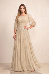 Champagne Chiffon A-Line Embroidered Boat Neck Long Mother of the Bride Dress | KISSBRIDAL