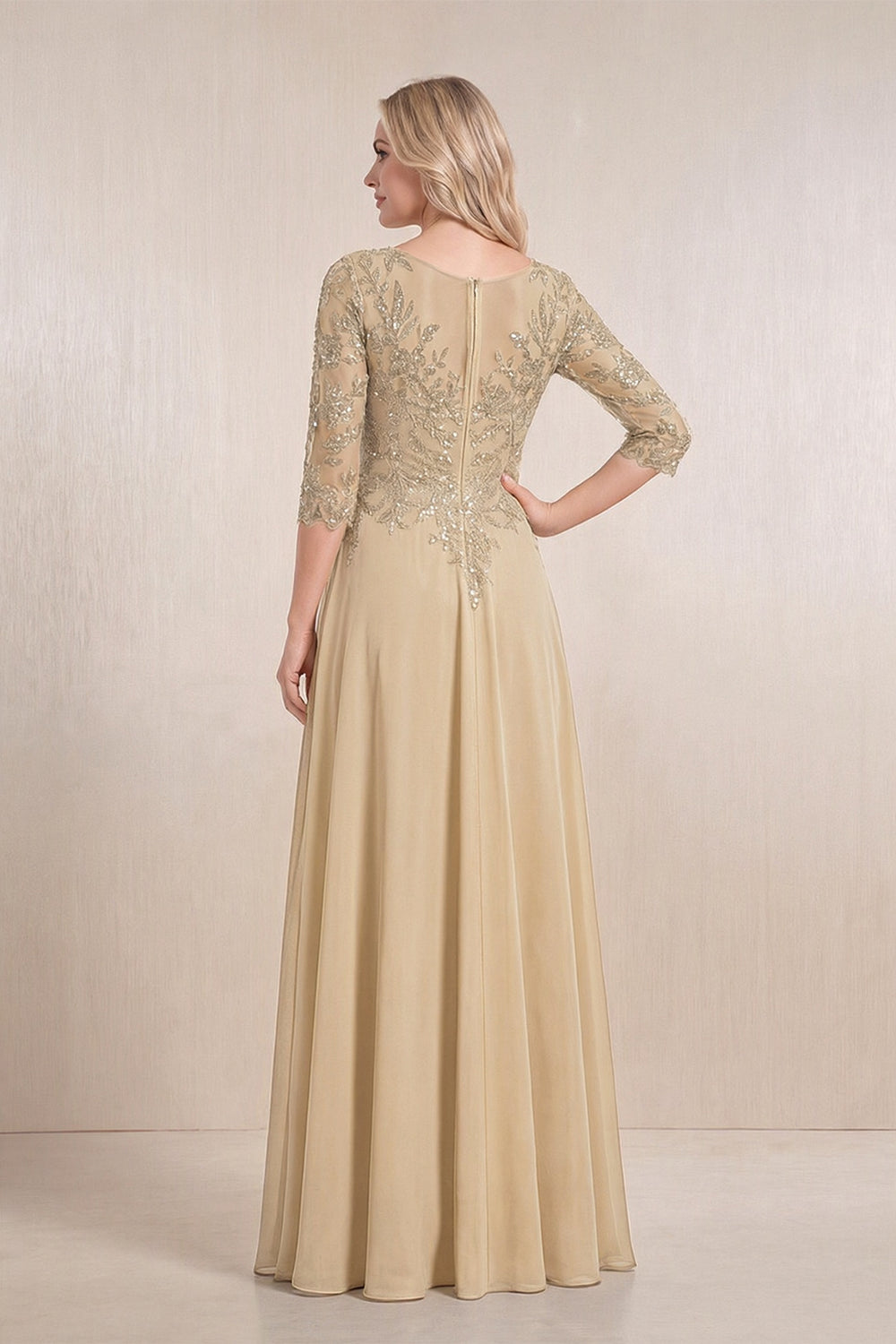 Champagne Chiffon A-Line Embroidered Mother of the Bride Dress With Sleeves