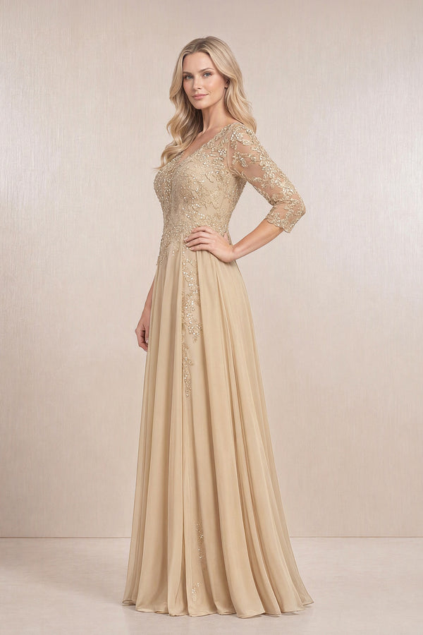 Champagne Chiffon A-Line Embroidered Mother of the Bride Dress With Sleeves (3) | KISSBRIDAL