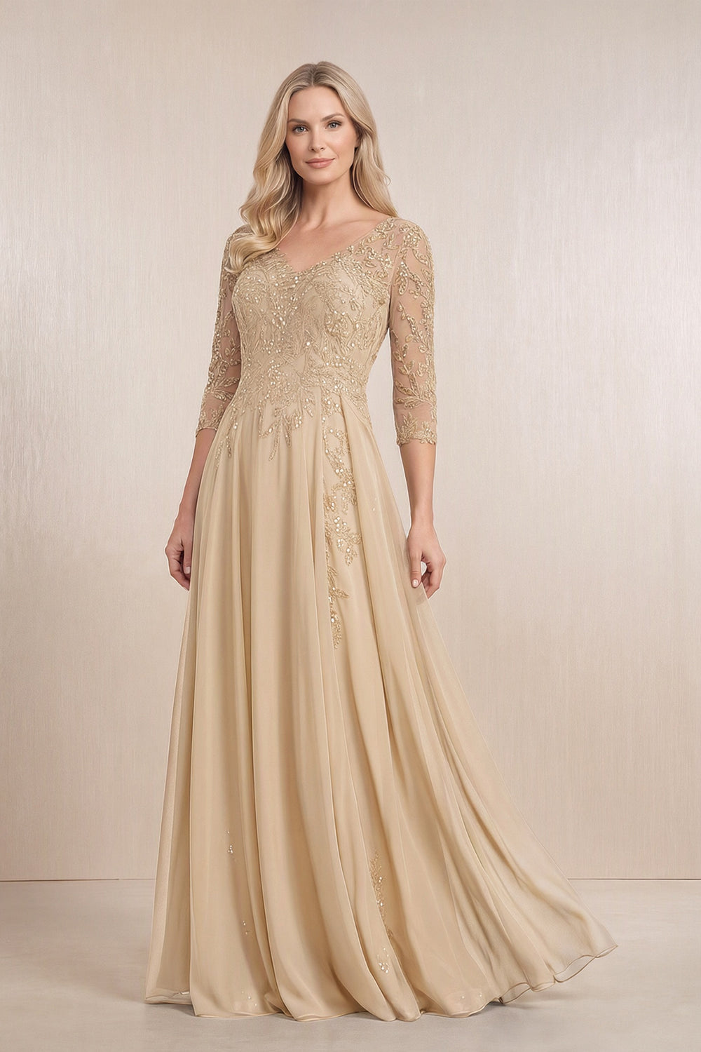Champagne Chiffon A-Line Embroidered Mother of the Bride Dress With Sleeves