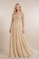 Champagne Chiffon A-Line Embroidered Mother of the Bride Dress With Sleeves | KISSBRIDAL