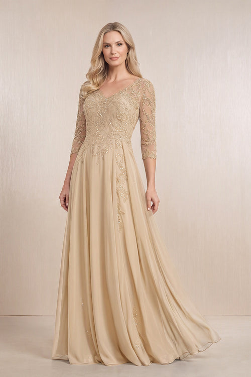 Champagne Chiffon A-Line Embroidered Mother of the Bride Dress With Sleeves | KISSBRIDAL