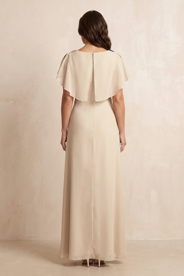 Champagne Chiffon A-Line Flutter Sleeves Mother of the Bride Dress (2) | KISSBRIDAL