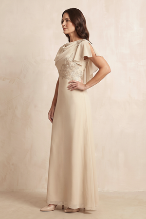 Champagne Chiffon A-Line Flutter Sleeves Mother of the Bride Dress (3) | KISSBRIDAL