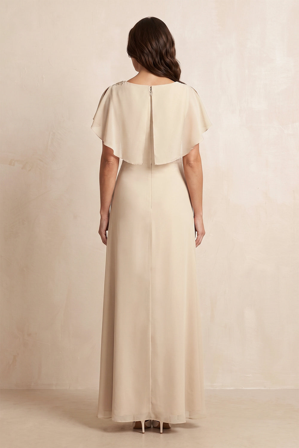 Champagne Chiffon A-Line Flutter Sleeves Mother of the Bride Dress
