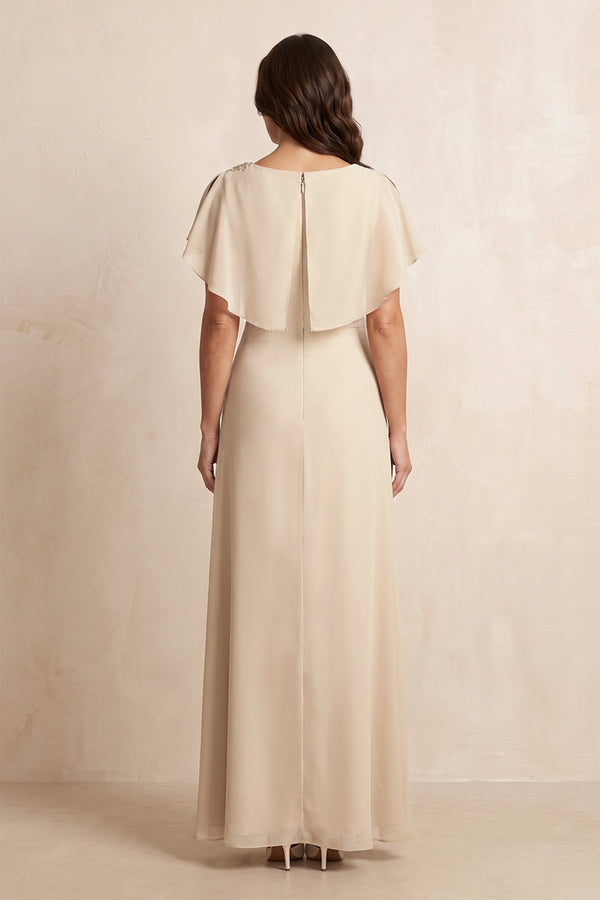 Champagne Chiffon A-Line Flutter Sleeves Mother of the Bride Dress | KISSBRIDAL