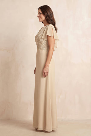 Champagne Chiffon A-Line Flutter Sleeves Mother of the Bride Dress | KISSBRIDAL