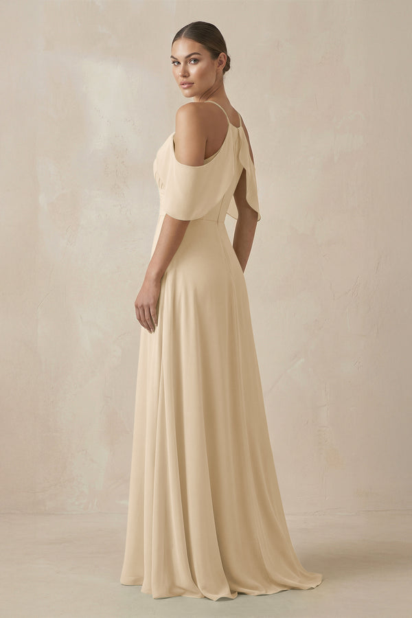Champagne Chiffon A-Line Long Bridesmaid Dress (2) | KISSBRIDAL