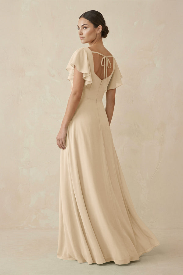 Champagne Chiffon A-Line Long Bridesmaid Dress with Flutter Sleeves (2) | KISSBRIDAL