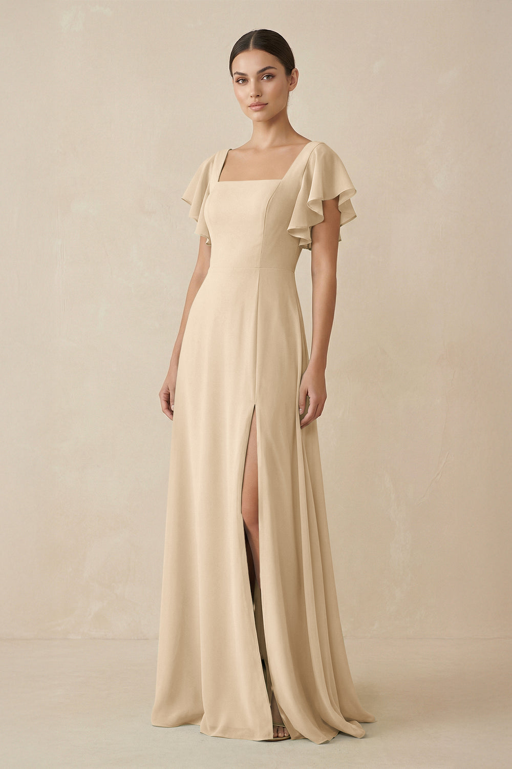 Chiffon A-Line Long Bridesmaid Dress with Flutter Sleeves in Champagne