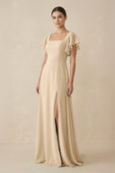 Champagne Chiffon A-Line Long Bridesmaid Dress with Flutter Sleeves | KISSBRIDAL