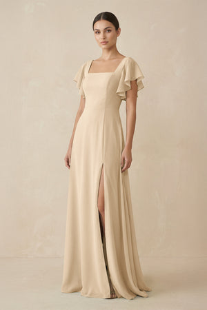 Champagne Chiffon A-Line Long Bridesmaid Dress with Flutter Sleeves | KISSBRIDAL