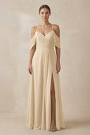 Champagne Chiffon A-Line Long Bridesmaid Dress | KISSBRIDAL