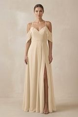 Champagne Chiffon A-Line Long Bridesmaid Dress | KISSBRIDAL