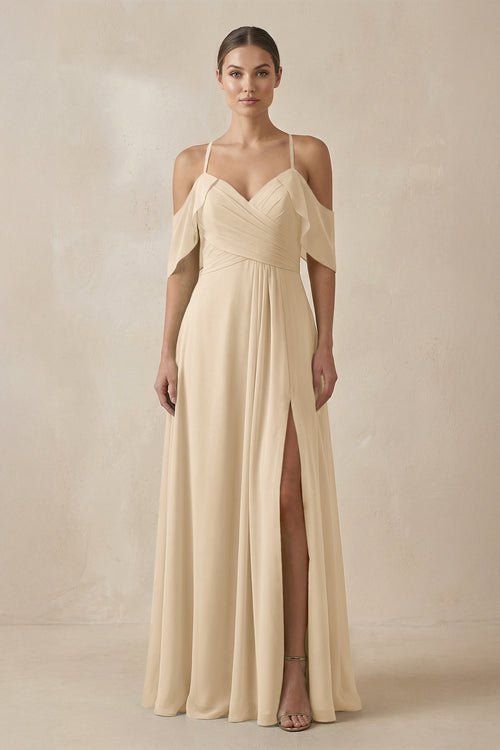 Champagne Chiffon A-Line Long Bridesmaid Dress | KISSBRIDAL