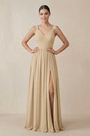 Champagne Chiffon A-Line Pleated Bridesmaid Dress | KISSBRIDAL