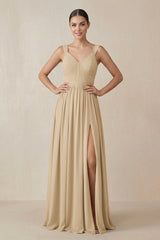 Champagne Chiffon A-Line Pleated Bridesmaid Dress | KISSBRIDAL