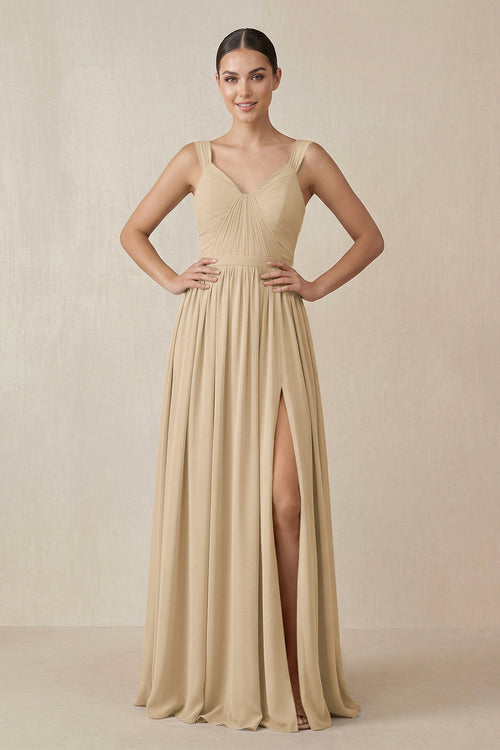 Champagne Chiffon A-Line Pleated Bridesmaid Dress | KISSBRIDAL