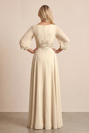 Champagne Chiffon Embroidered A-Line Mother of the Bride Dress With Sleeves (2) | KISSBRIDAL