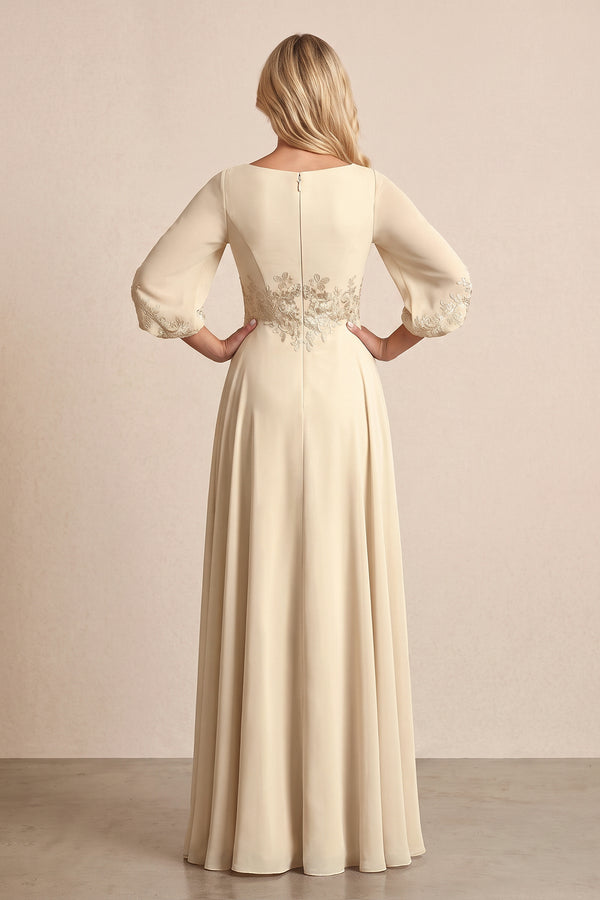 Champagne Chiffon Embroidered A-Line Mother of the Bride Dress With Sleeves (2) | KISSBRIDAL