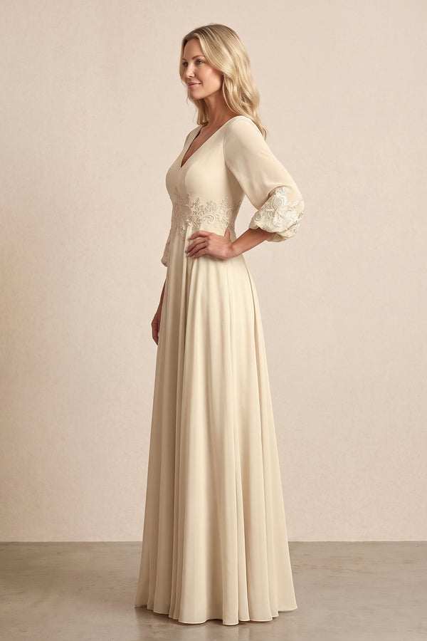 Champagne Chiffon Embroidered A-Line Mother of the Bride Dress With Sleeves (3) | KISSBRIDAL