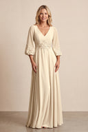 Champagne Chiffon Embroidered A-Line Mother of the Bride Dress With Sleeves | KISSBRIDAL