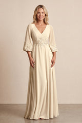 Champagne Chiffon Embroidered A-Line Mother of the Bride Dress With Sleeves | KISSBRIDAL