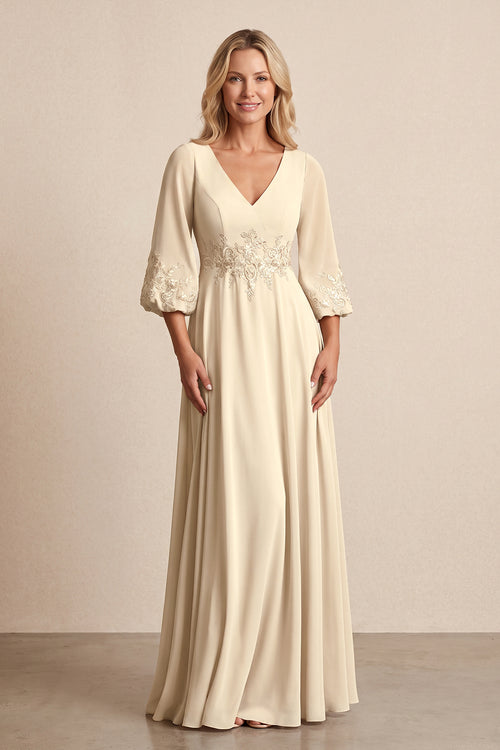 Champagne Chiffon Embroidered A-Line Mother of the Bride Dress With Sleeves | KISSBRIDAL