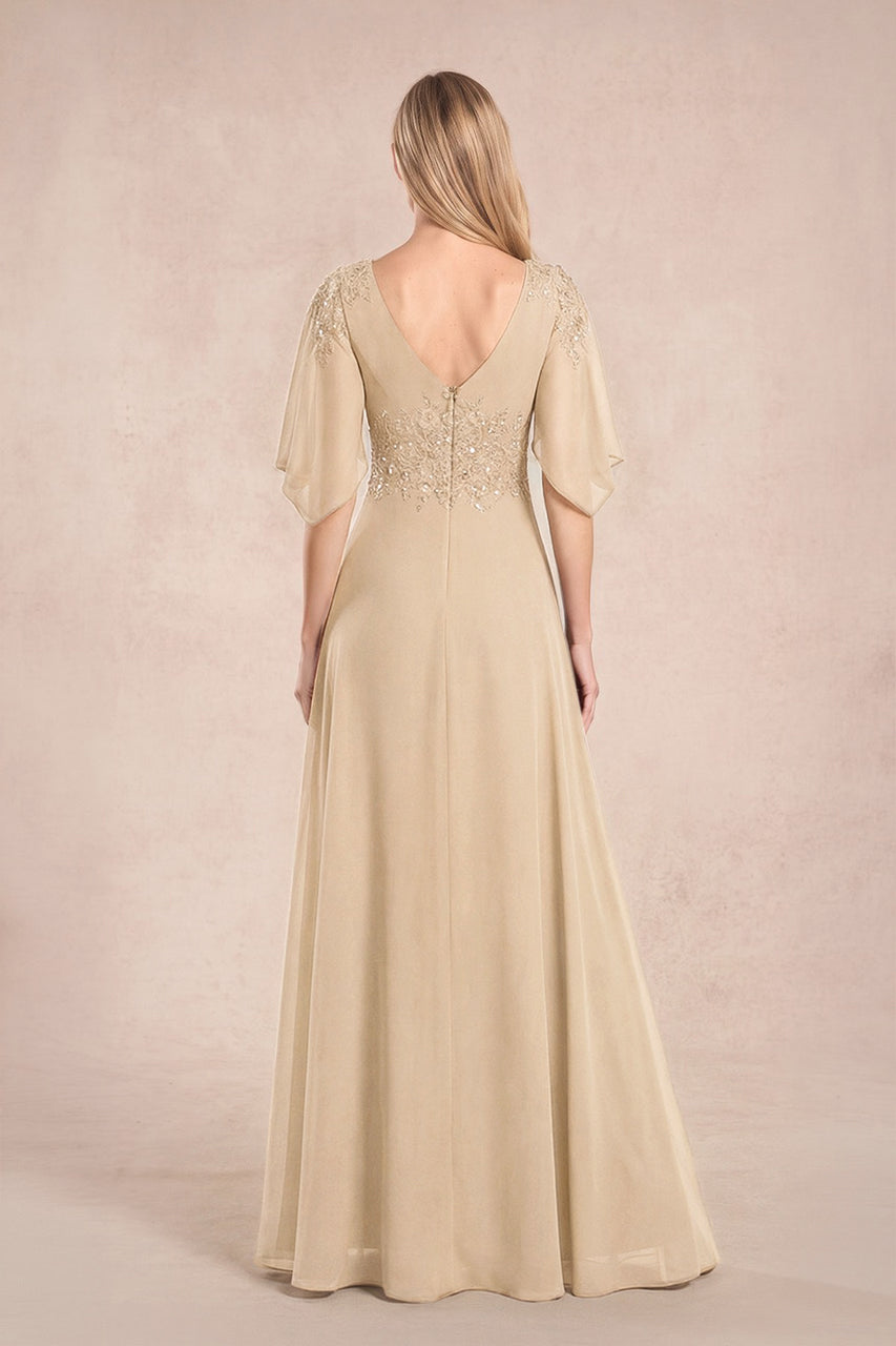 Champagne Chiffon Lone Sleeves A-Line V-Neck Embroidered Mother of the Bride Dress