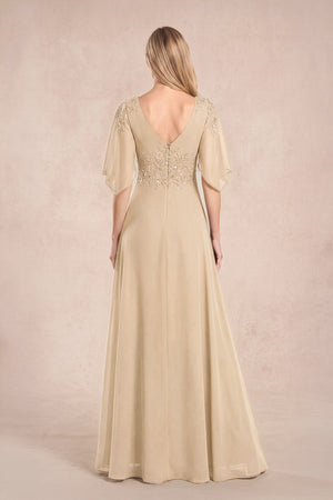Champagne Chiffon Lone Sleeves A-Line V-Neck Embroidered Mother of the Bride Dress (2) | KISSBRIDAL