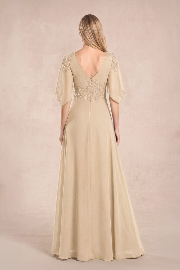 Champagne Chiffon Lone Sleeves A-Line V-Neck Embroidered Mother of the Bride Dress (2) | KISSBRIDAL