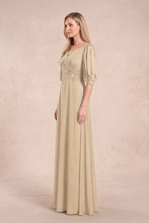Champagne Chiffon Lone Sleeves A-Line V-Neck Embroidered Mother of the Bride Dress (3) | KISSBRIDAL