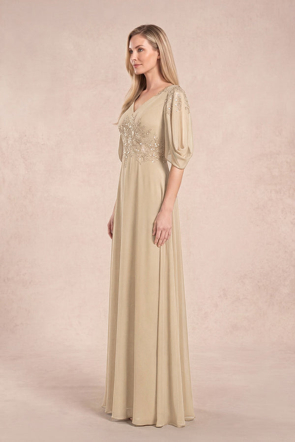 Champagne Chiffon Lone Sleeves A-Line V-Neck Embroidered Mother of the Bride Dress (3) | KISSBRIDAL