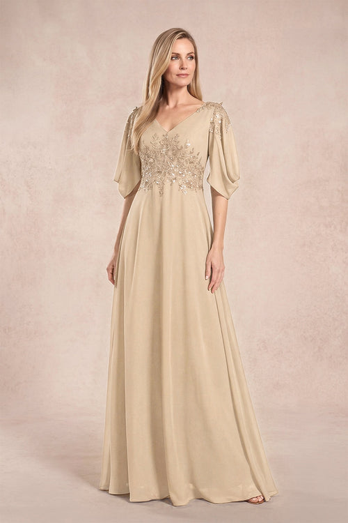 Champagne Chiffon Lone Sleeves A-Line V-Neck Embroidered Mother of the Bride Dress | KISSBRIDAL