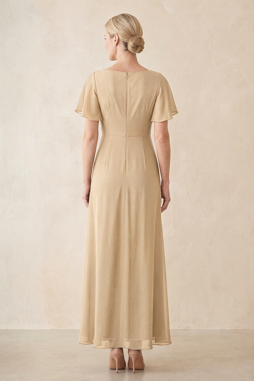 Champagne Chiffon Ruched A-Line Ruffled Sleeves Midi Mother of the Bride Dress