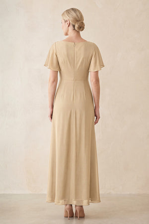 Champagne Chiffon Ruched A-Line Ruffled Sleeves Midi Mother of the Bride Dress (2) | KISSBRIDAL