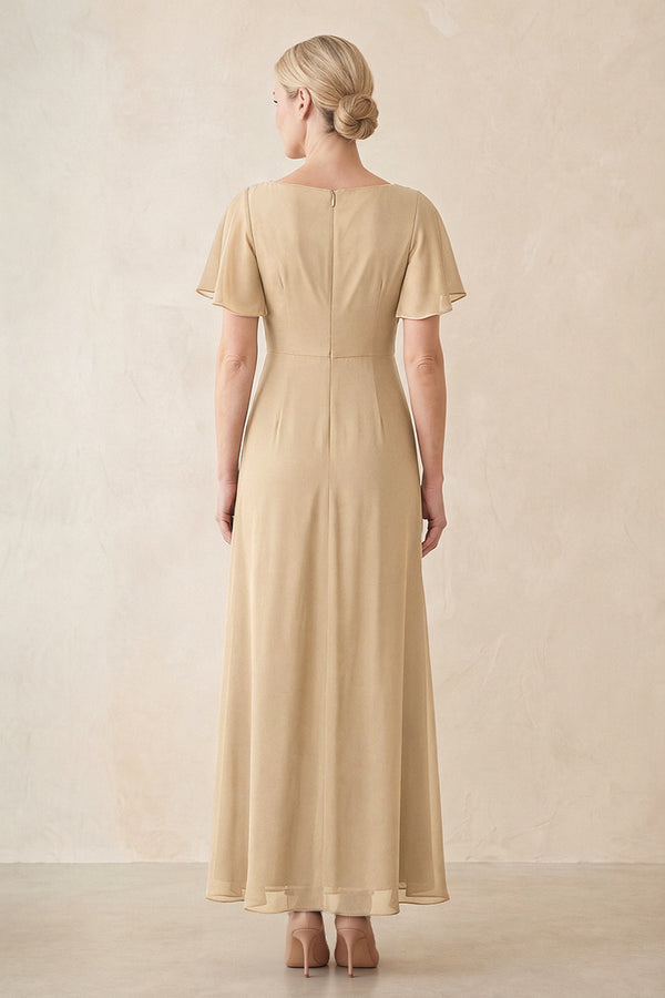 Champagne Chiffon Ruched A-Line Ruffled Sleeves Midi Mother of the Bride Dress (2) | KISSBRIDAL