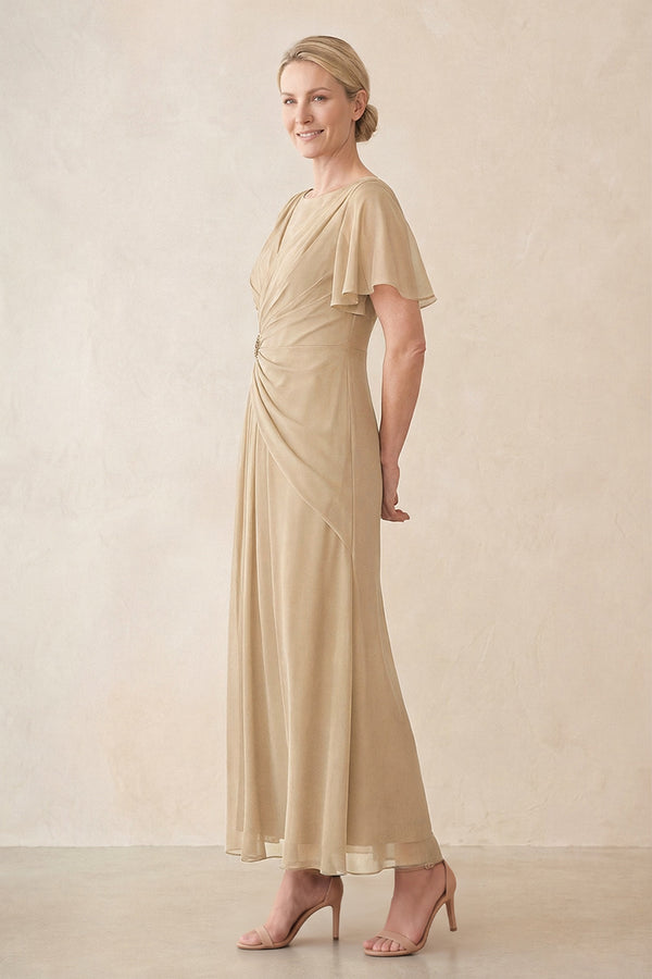 Champagne Chiffon Ruched A-Line Ruffled Sleeves Midi Mother of the Bride Dress (3) | KISSBRIDAL