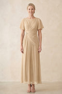 Champagne Chiffon Ruched A-Line Ruffled Sleeves Midi Mother of the Bride Dress | KISSBRIDAL