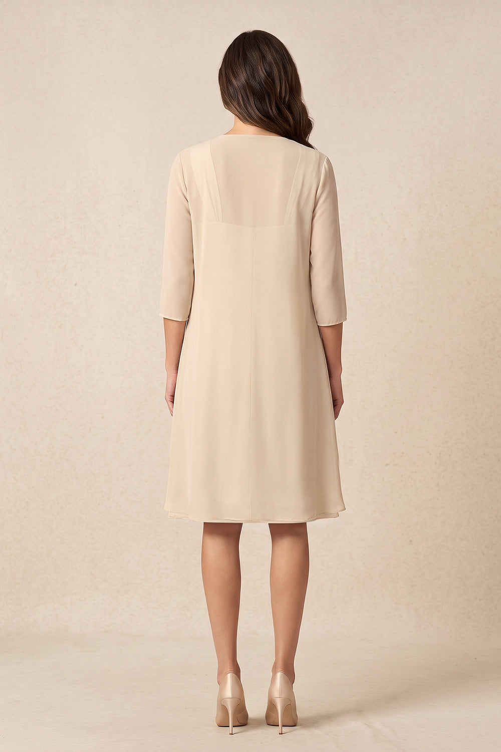 Champagne Chiffon Ruffled Pleated Midi Mother of the Bride Dress With Sleeves