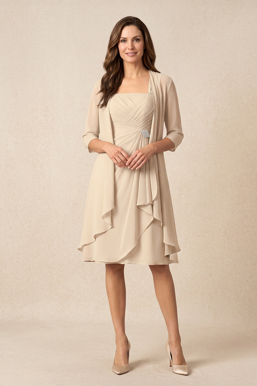 Champagne Chiffon Ruffled Pleated Midi Mother of the Bride Dress With Sleeves