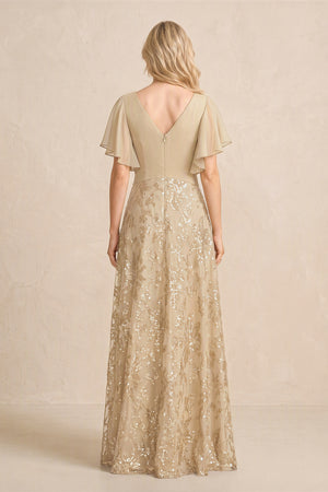 Champagne Chiffon V-Neck A-Line Embroidered Mother of the Bride Dress with Ruffled Sleeves (2) | KISSBRIDAL