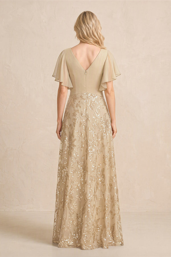 Champagne Chiffon V-Neck A-Line Embroidered Mother of the Bride Dress with Ruffled Sleeves (2) | KISSBRIDAL