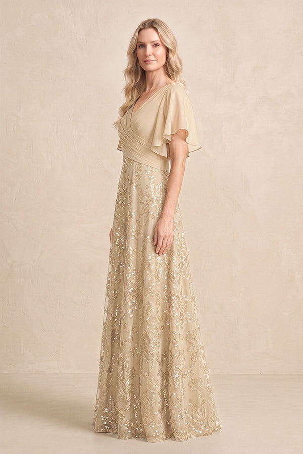 Champagne Chiffon V-Neck A-Line Embroidered Mother of the Bride Dress with Ruffled Sleeves (3) | KISSBRIDAL