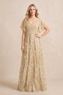 Champagne Chiffon V-Neck A-Line Embroidered Mother of the Bride Dress with Ruffled Sleeves | KISSBRIDAL
