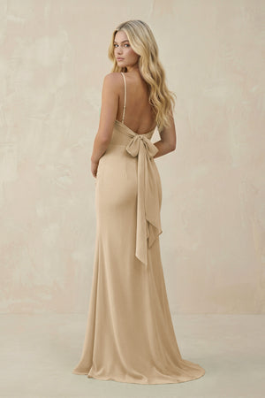 Champagne Cowl Neck Sheath Chiffon Bridesmaid Dress with Corset (2) | KISSBRIDAL