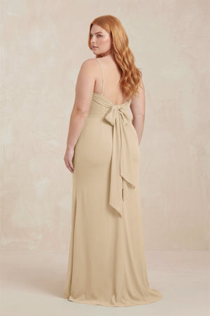 Champagne Cowl Neck Sheath Chiffon Bridesmaid Dress with Corset (2) | KISSBRIDAL