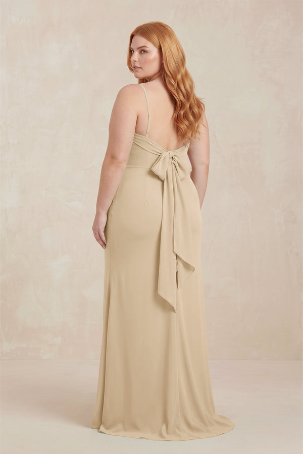 Champagne Cowl Neck Sheath Chiffon Bridesmaid Dress with Corset (2) | KISSBRIDAL