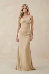 Champagne Cowl Neck Sheath Chiffon Bridesmaid Dress with Corset | KISSBRIDAL